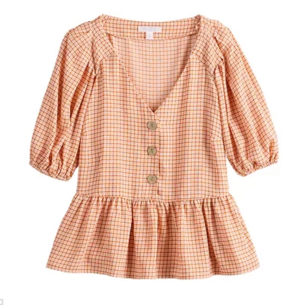 Lauren Conrad V Neck Cropped Ruffled Blouse XXL Orange Button Down Peplum Flowy - Picture 3 of 16
